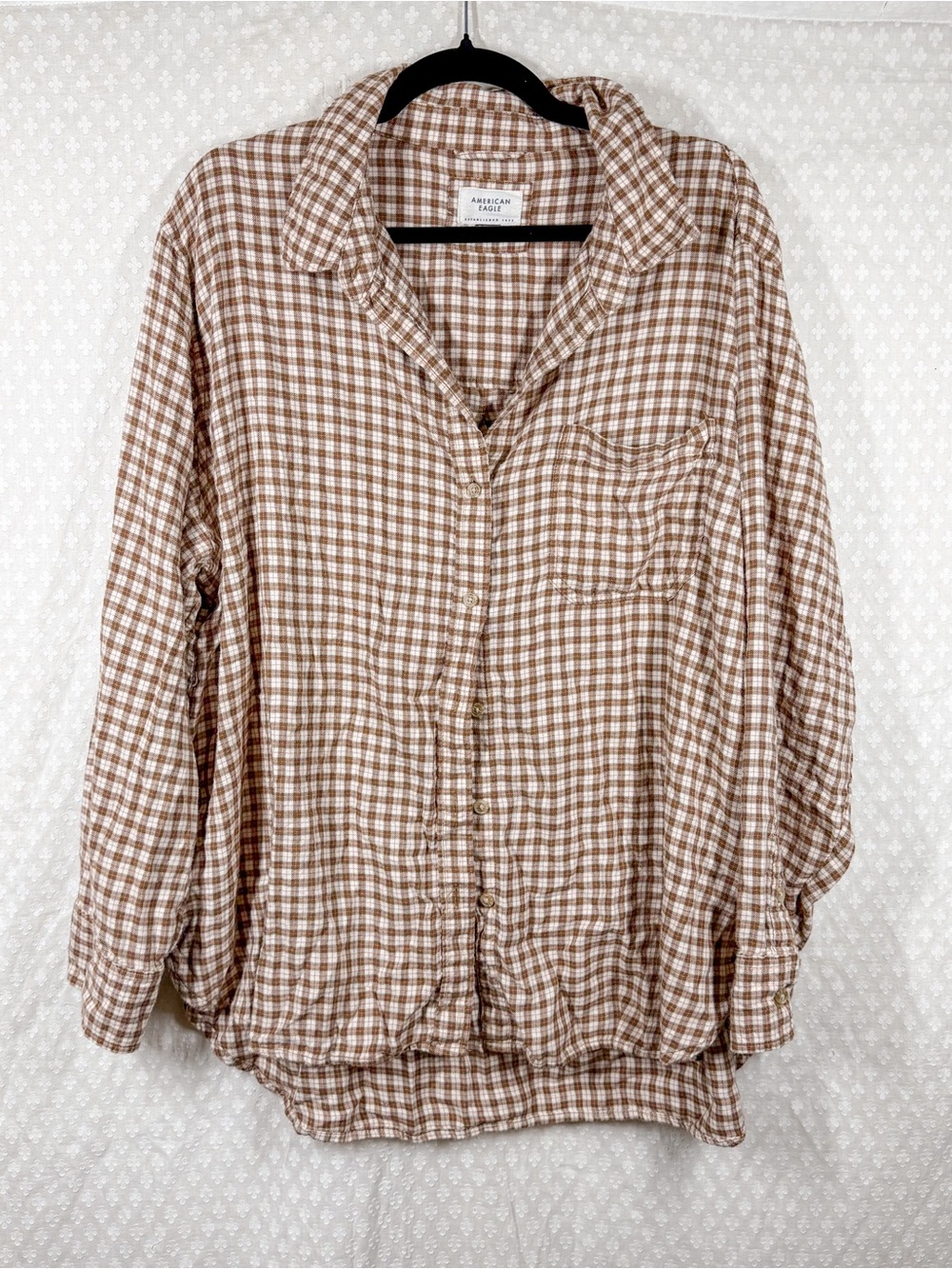 American Eagle Brown White Plaid Button Down Oversized Flannel